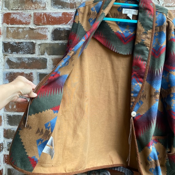 Vintage Jones New York Sport Aztec Western Print Open Front Coat Brushed Denim - Picture 14 of 16